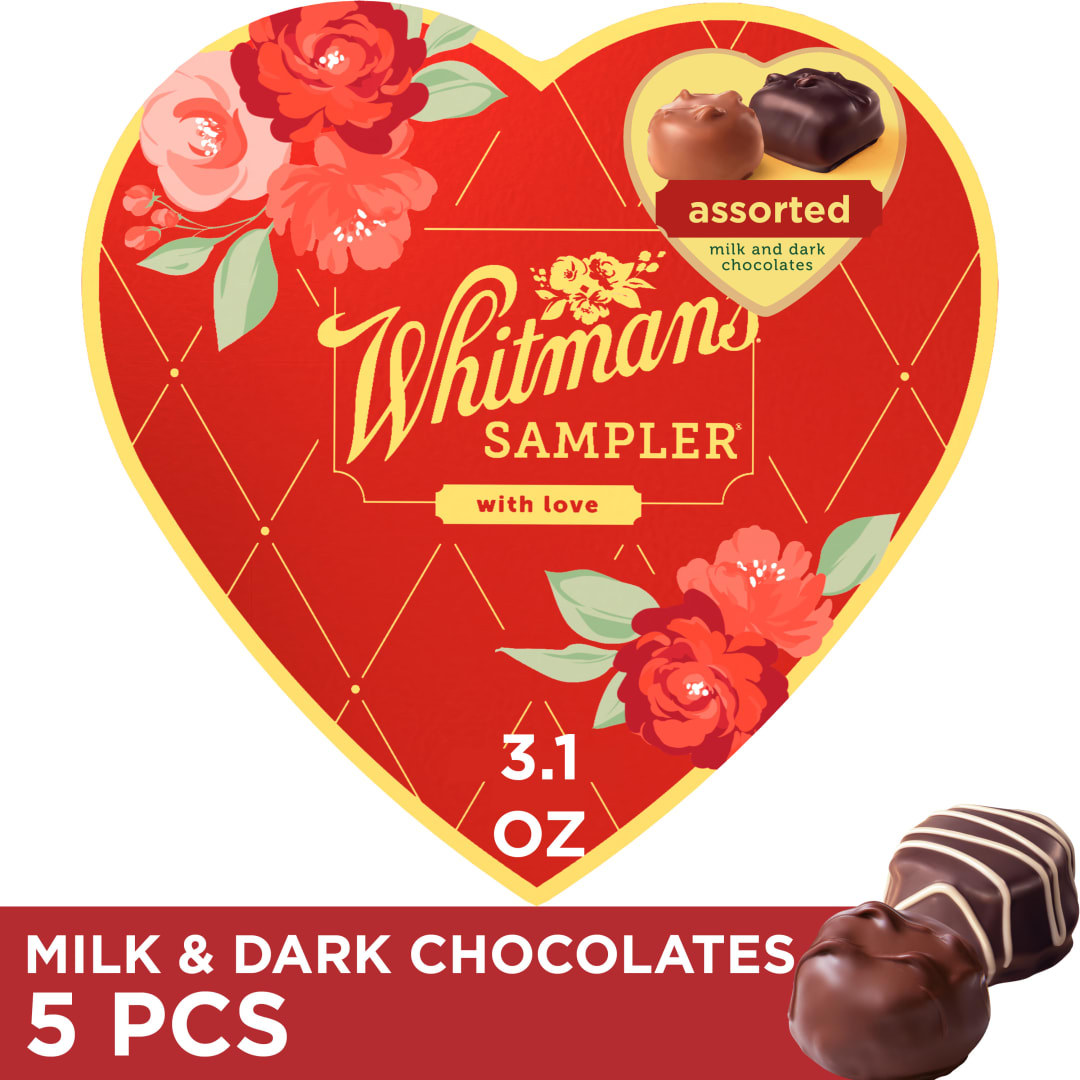 WHITMAN'S SAMPLER Valentine's Day Red Floral Heart Assorted Milk & Dark Chocolate Candy Gift Box, 3.1 oz.