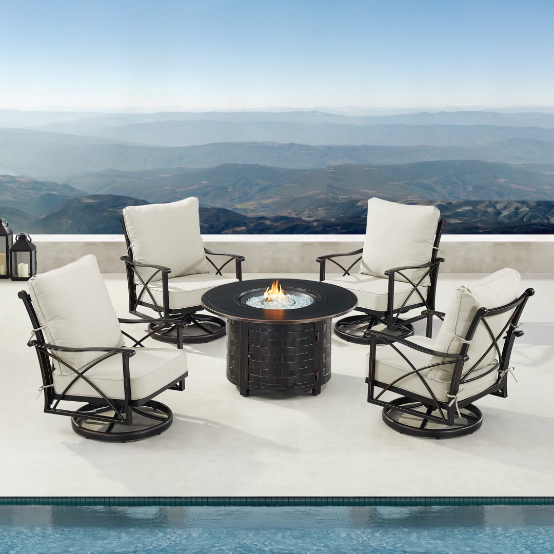 Black Aluminum Patio Fire Table Set with Four Club Chairs