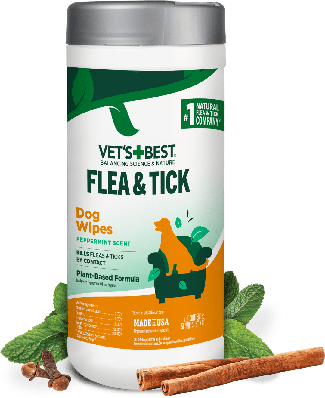 Vet's Best Flea and Tick Wipes for Dogs, Flea Treatment for Dogs, Plant-Based Formula, Certified Natural Oils, 50 Count