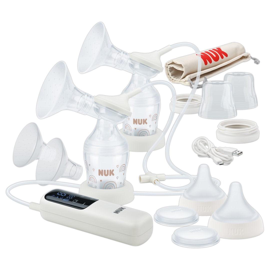 NUK Sacaleches elctrico doble Soft & Easy | Copas suaves 100% de silicona | Pequeo, ligero y silencioso | Batera recargable para viajar | Copas de 24 y 27 mm | 2 biberones Perfect Match mm
