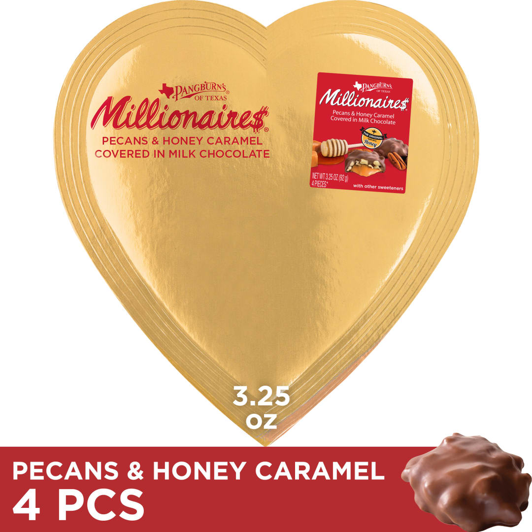 PANGBURN'S OF TEXAS Milk Chocolate Millionaires Valentine's Day Heart Candy Gift Box, 3.25 oz.