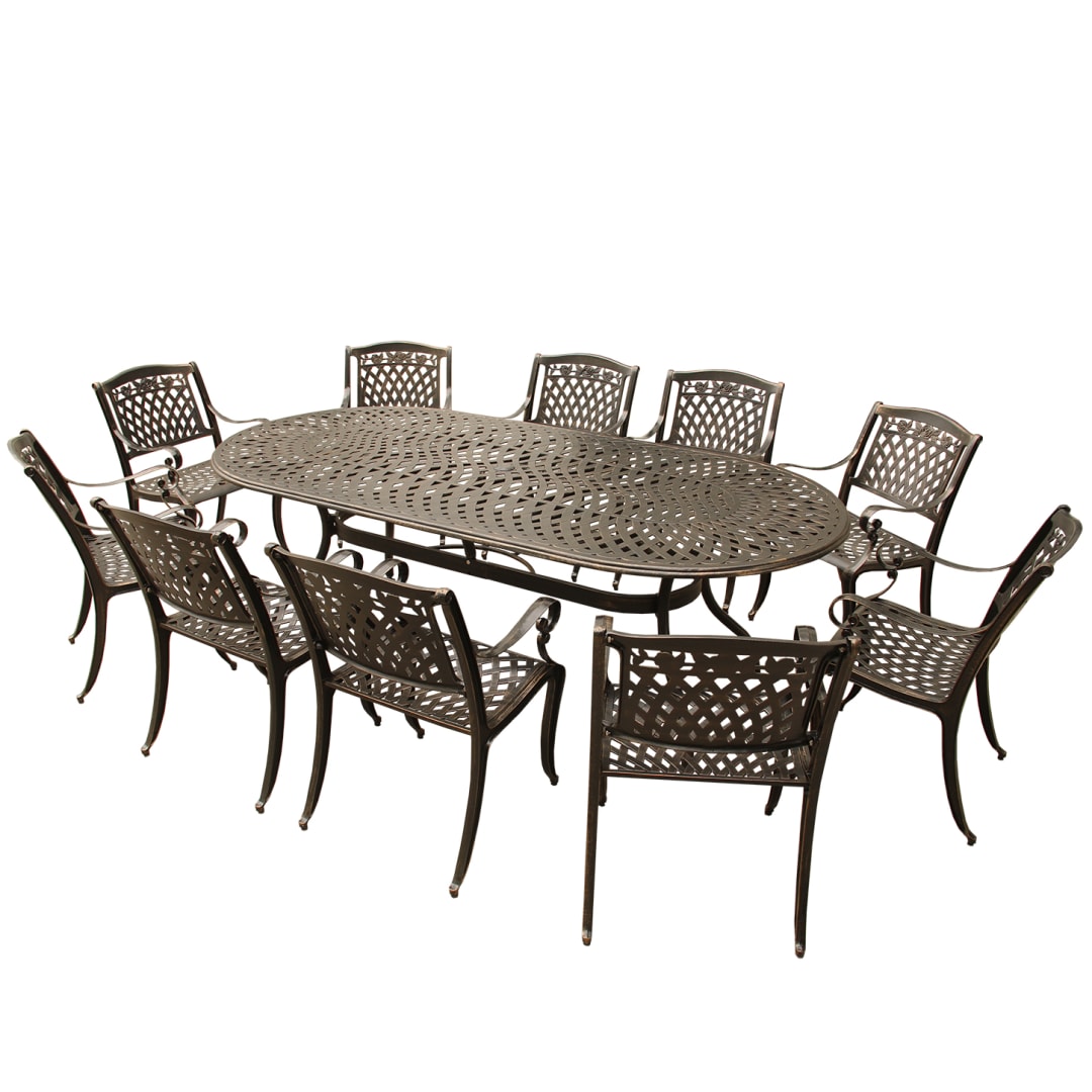 Rose Contemporary Modern and Ornate Outdoor Mesh Lattice Aluminum 95 inch Bronze Oval Dining Set with Ten Chairs