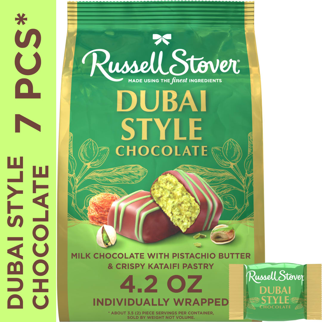 RUSSELL STOVER Dubai Style Milk Chocolate Candy Bar with Pistachio & Kataifi Gift Bag, 4.2 oz.