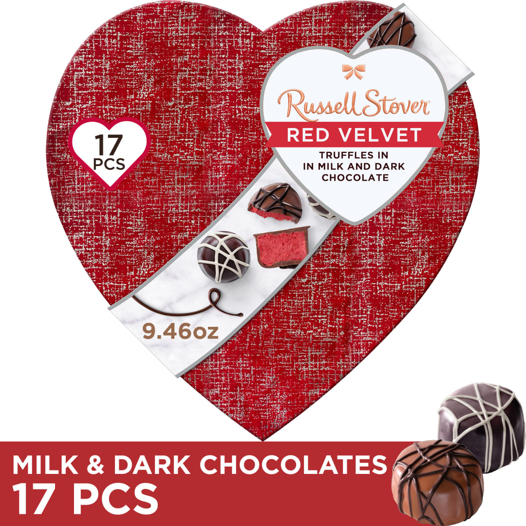 RUSSELL STOVER Valentine's Day Red Velvet Truffle in Milk & Dark Chocolate Candy Heart Gift Box, 9.46 oz.