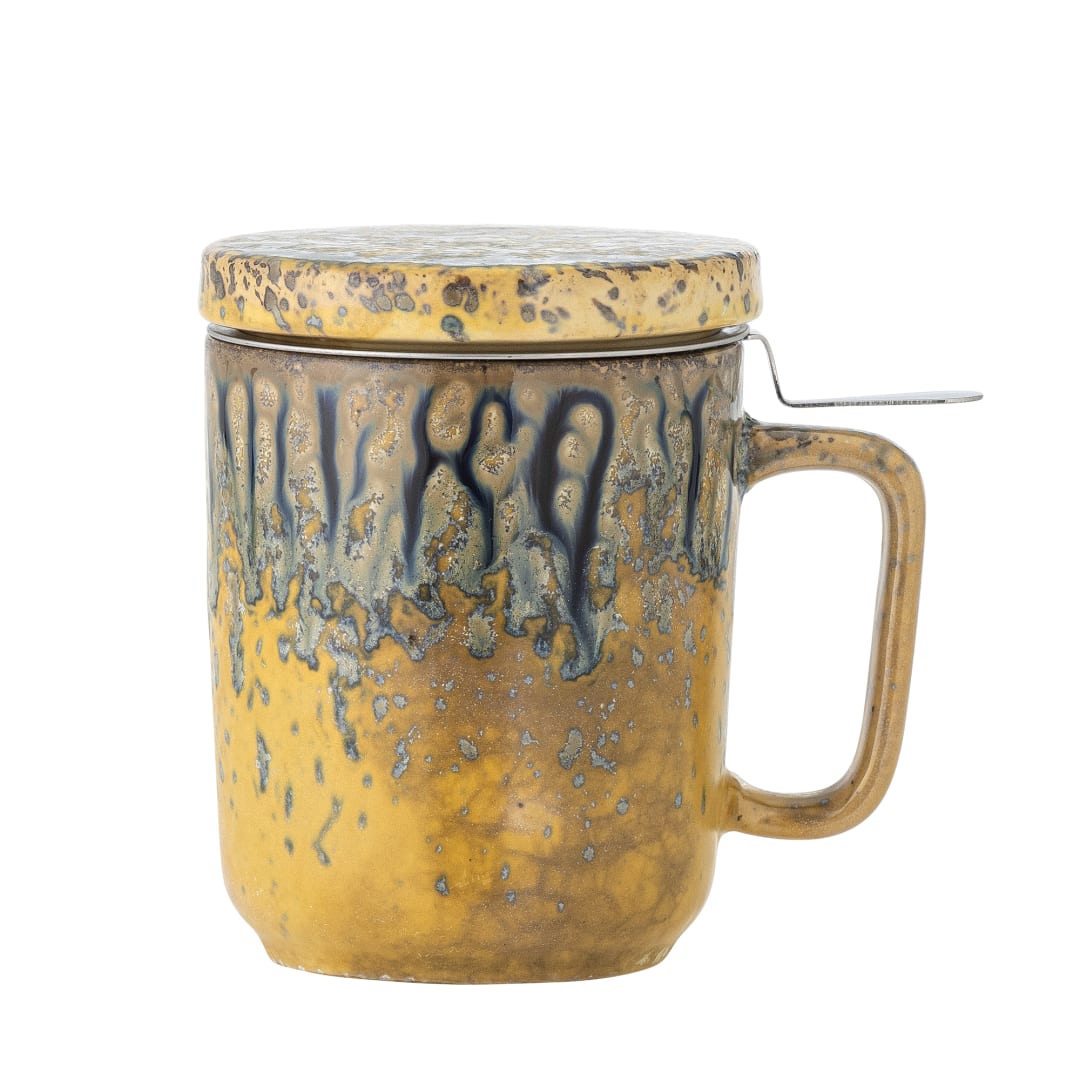 82061987 - Yuma Mug w/Lid and Strainer, Multi, Stoneware STOCK: 300