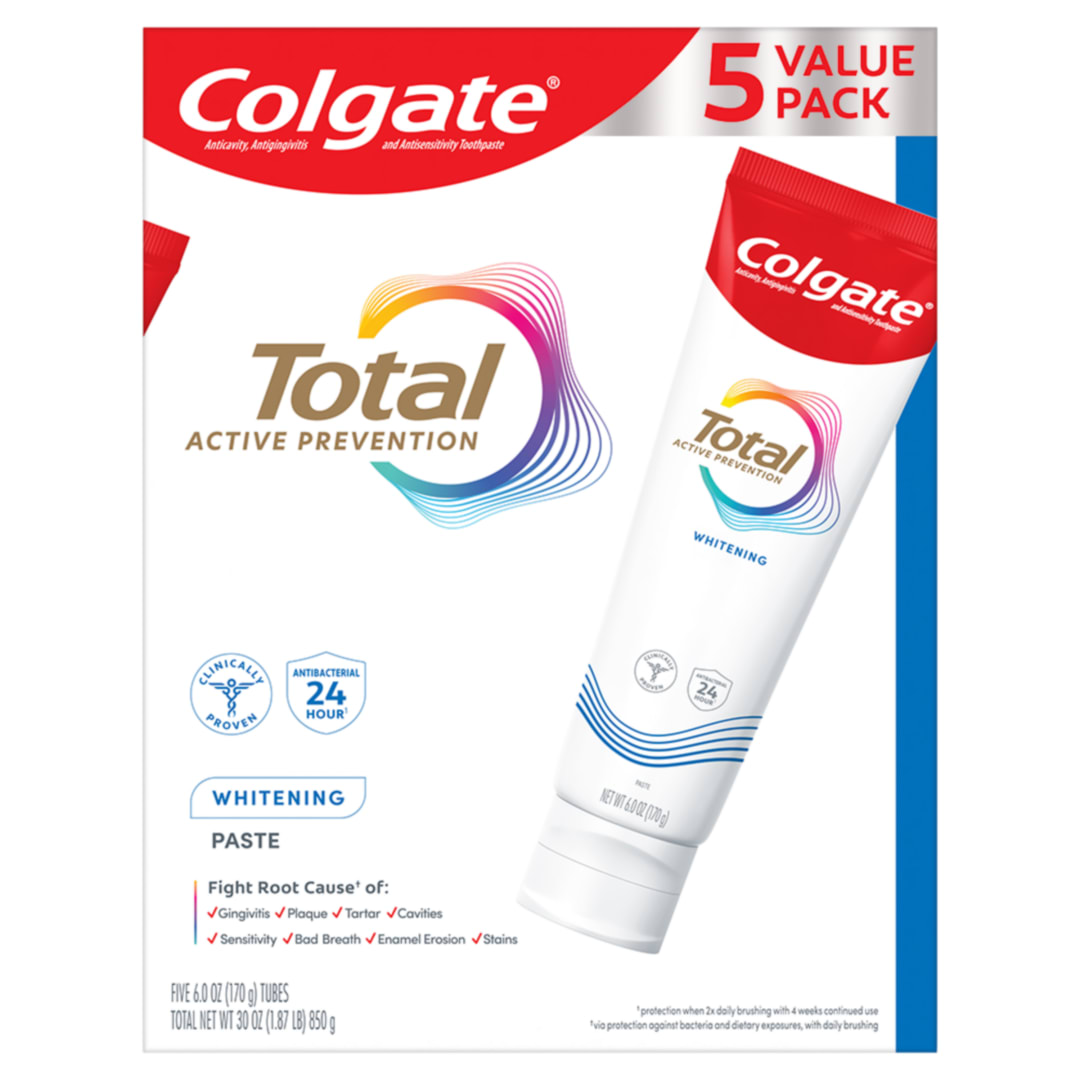 Colgate Total Active Prevention Whitening Toothpaste, Mint, 5 Pack, 6.0 Oz