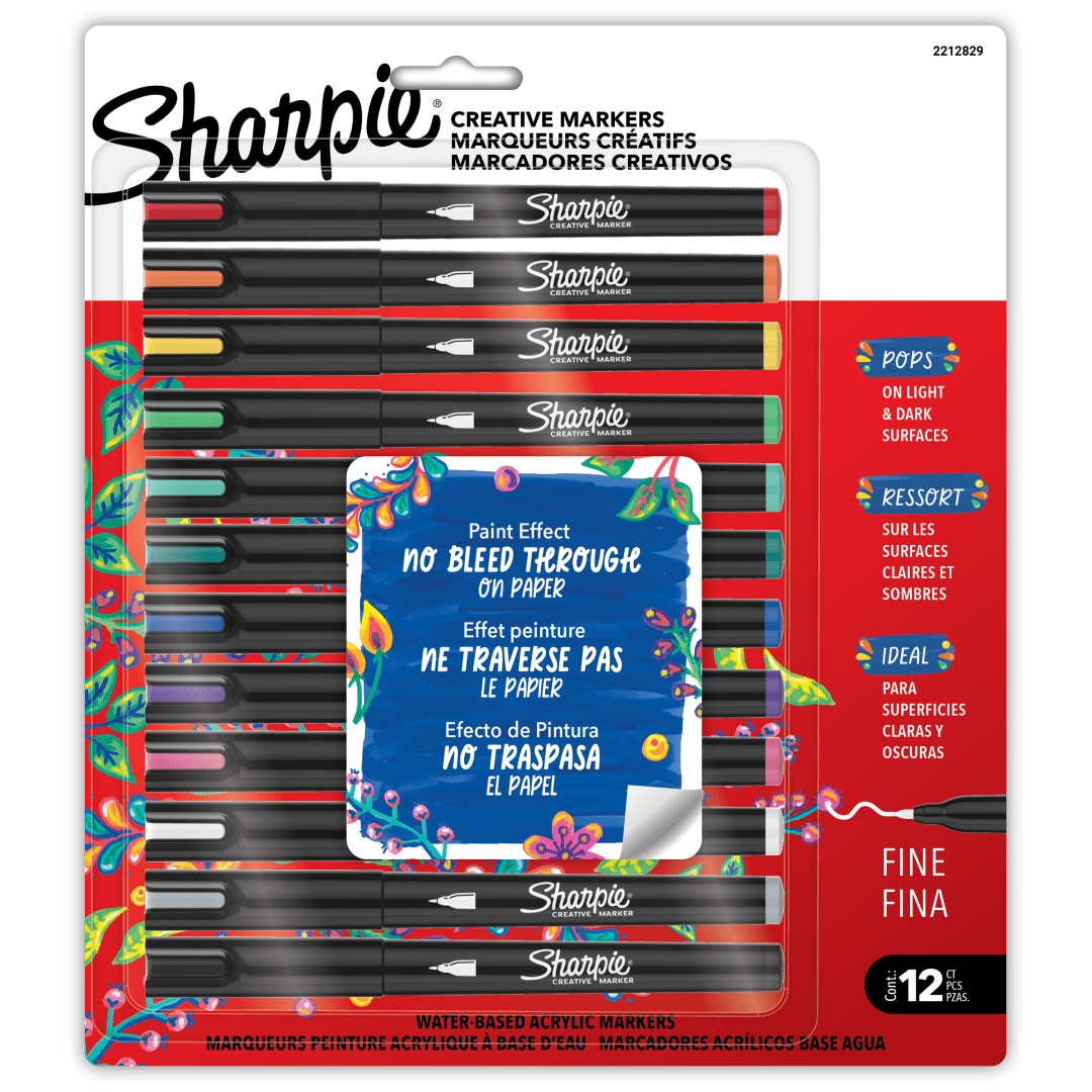 Sharpie® Creative Markers, Water-Based Acrylic Paint Markers, Fine Tip, Assorted, 12 Count