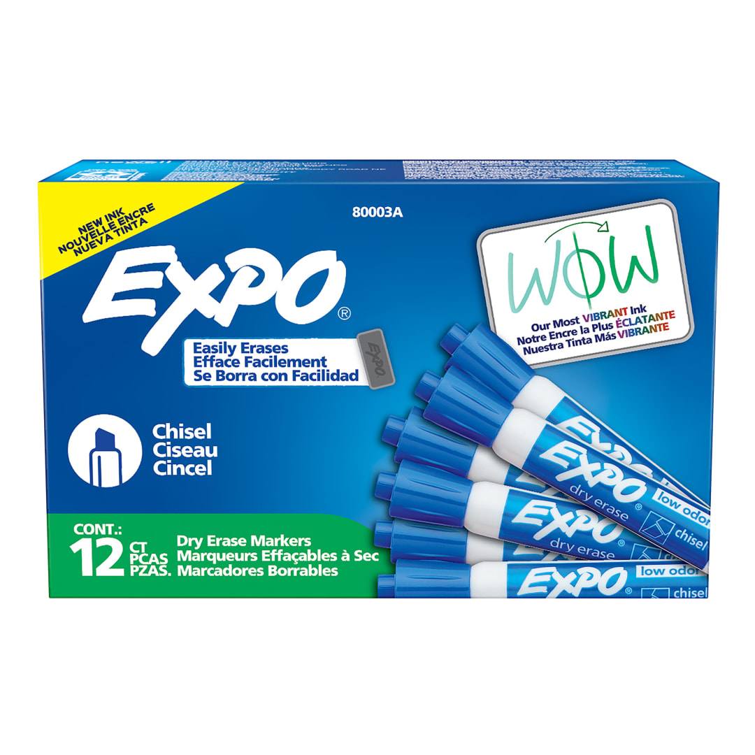 EXPO Dry Erase Markers, Low Odour Ink, Blue, Chisel Tip, 12 Count