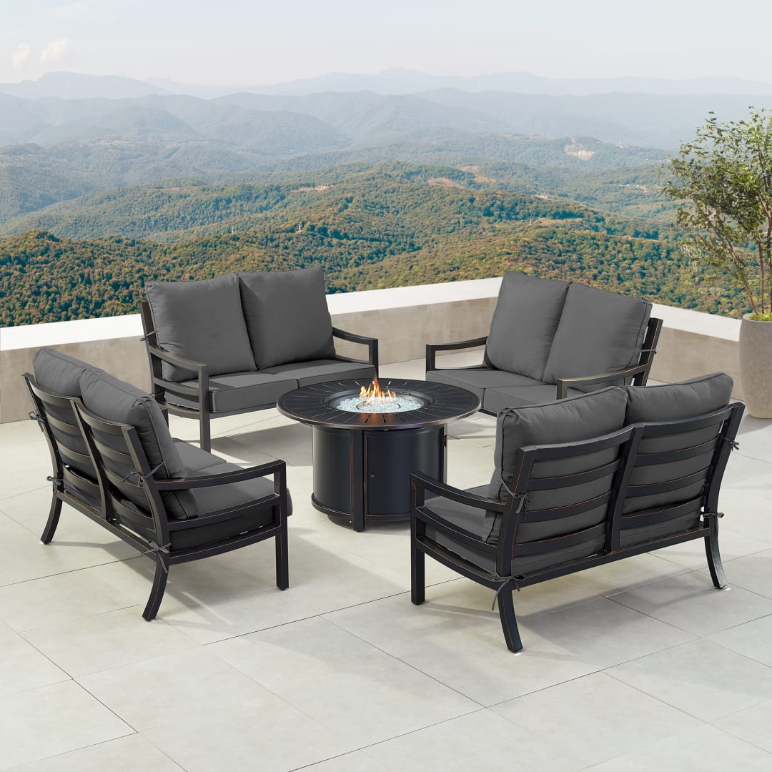 Black Aluminum Patio Fire Table Set with Four Deep Seating Loveseat with Cushions