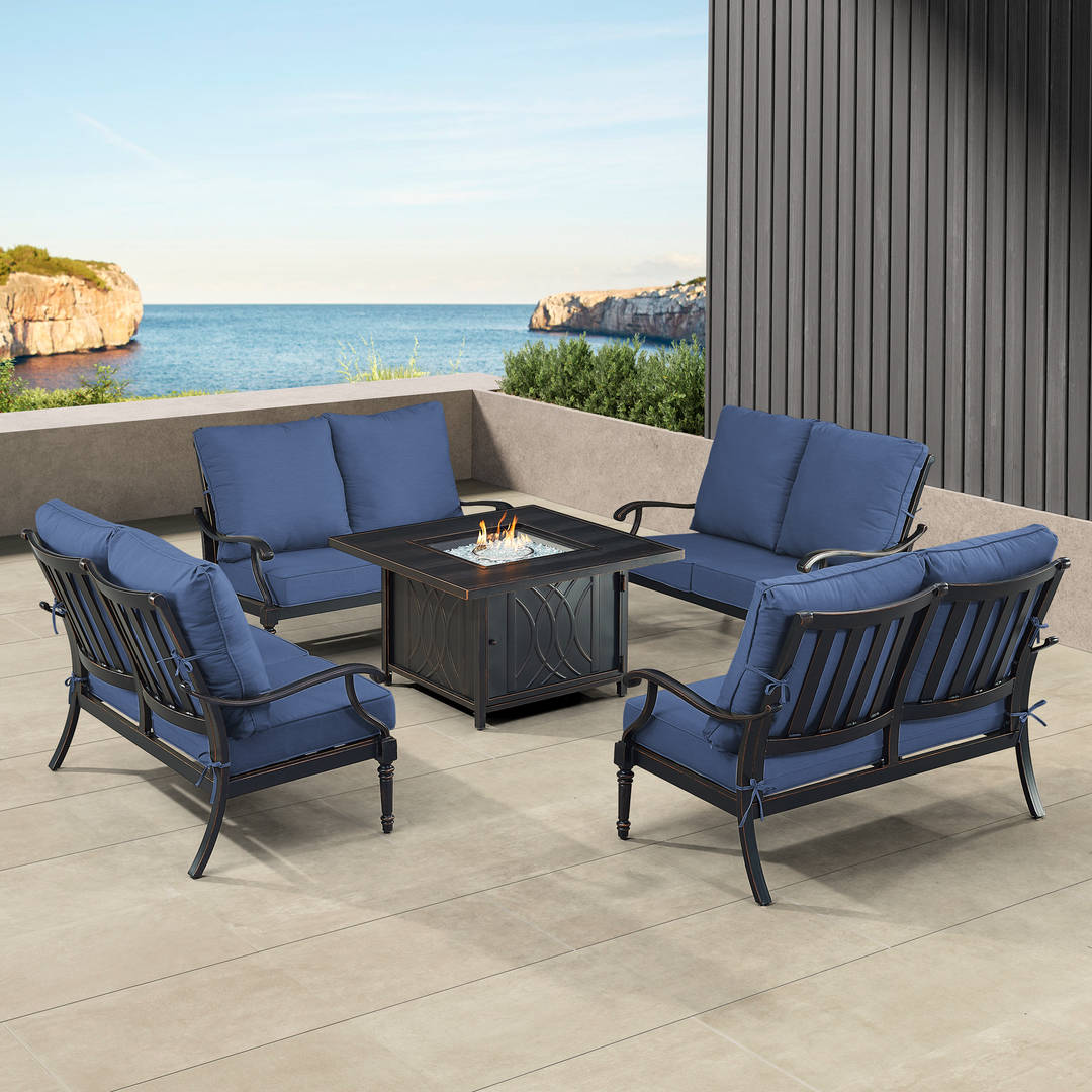 Black Aluminum Patio Fire Table Set with Four Deep Seating Loveseat with Cushions