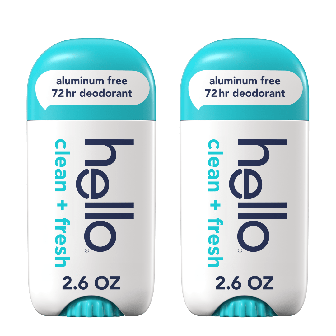 hello Clean + Fresh Aluminum Free Deodorant for Women and Men, 72-Hour Deodorant, Only 9 Ingredients, Baking Soda Free, Enriched with Shea Butter, Vegan, 2.6 oz Stick Deodorant (2 Pack)