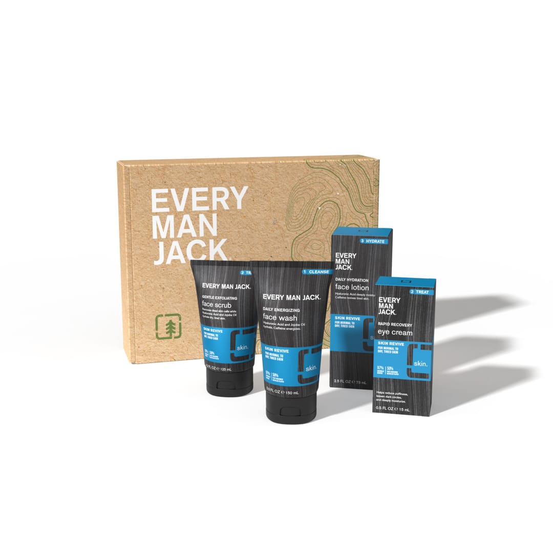 Every Man Jack Skin Revive Set- Four Full-Size, Fragrance Free Skin Care Essentials to Cleanse, Treat, and Hydrate Dry, Tired Skin - Daily Energizing Face Wash, Gentle Exfoliating Scrub, Rapid Recovery Eye Cream, Daily Hydration Face Lotion