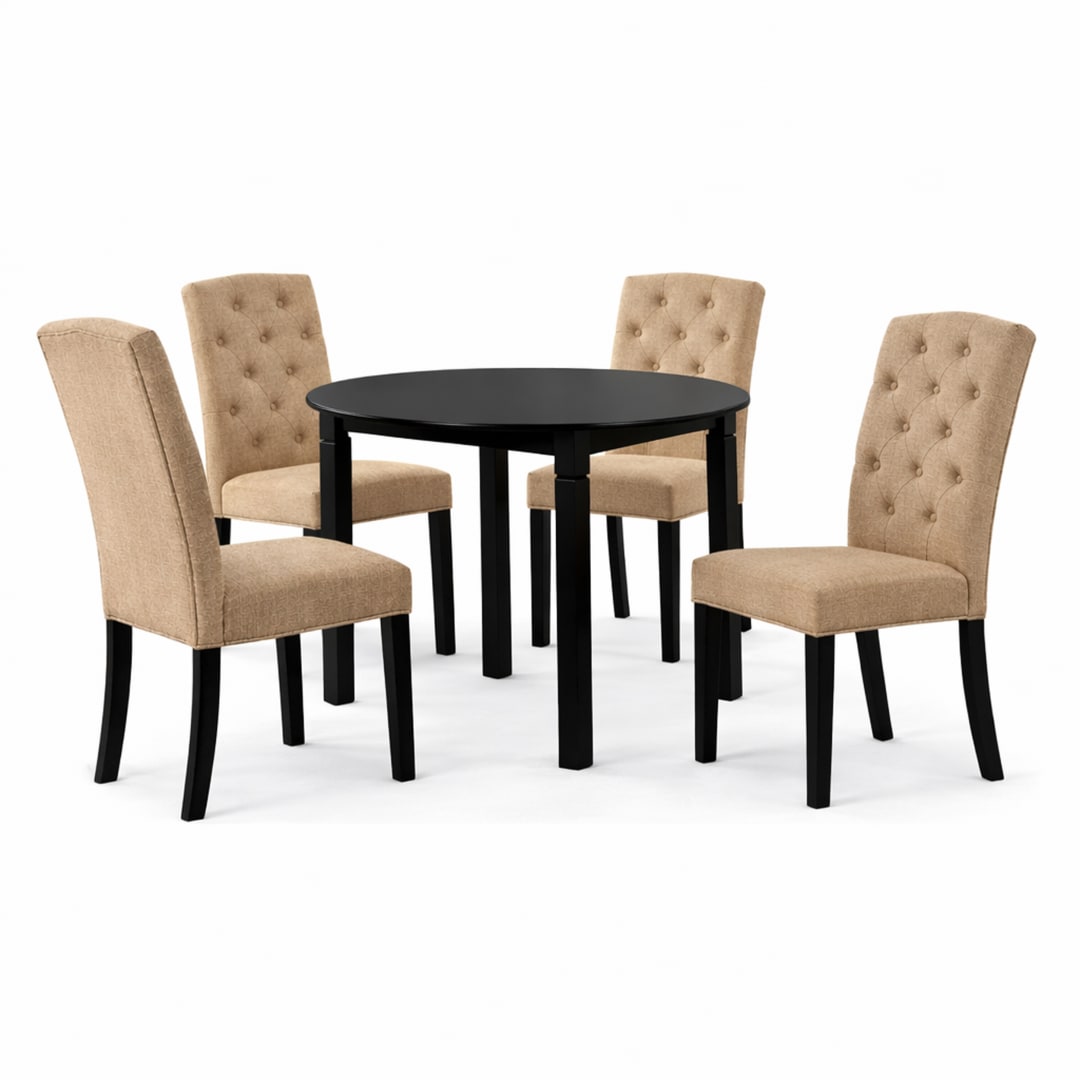 Modern 5-Piece 42 Inch Round Dining Set, Black Finish with Sand Beige Polyester Upholstered Chairs, Solid Rubberwood