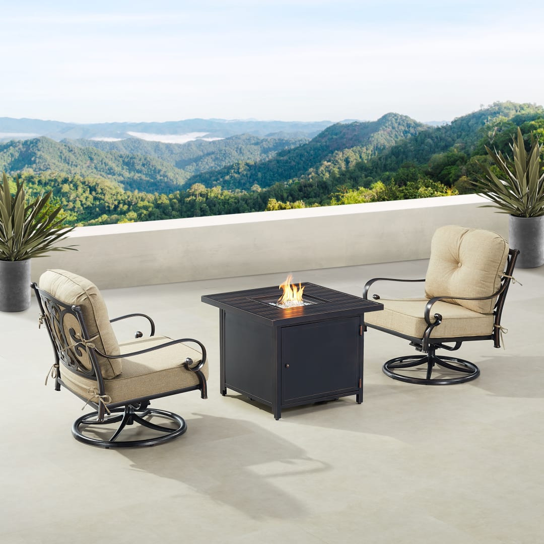 Black Aluminum Patio Fire Table Bistro Set with Two Club Chairs