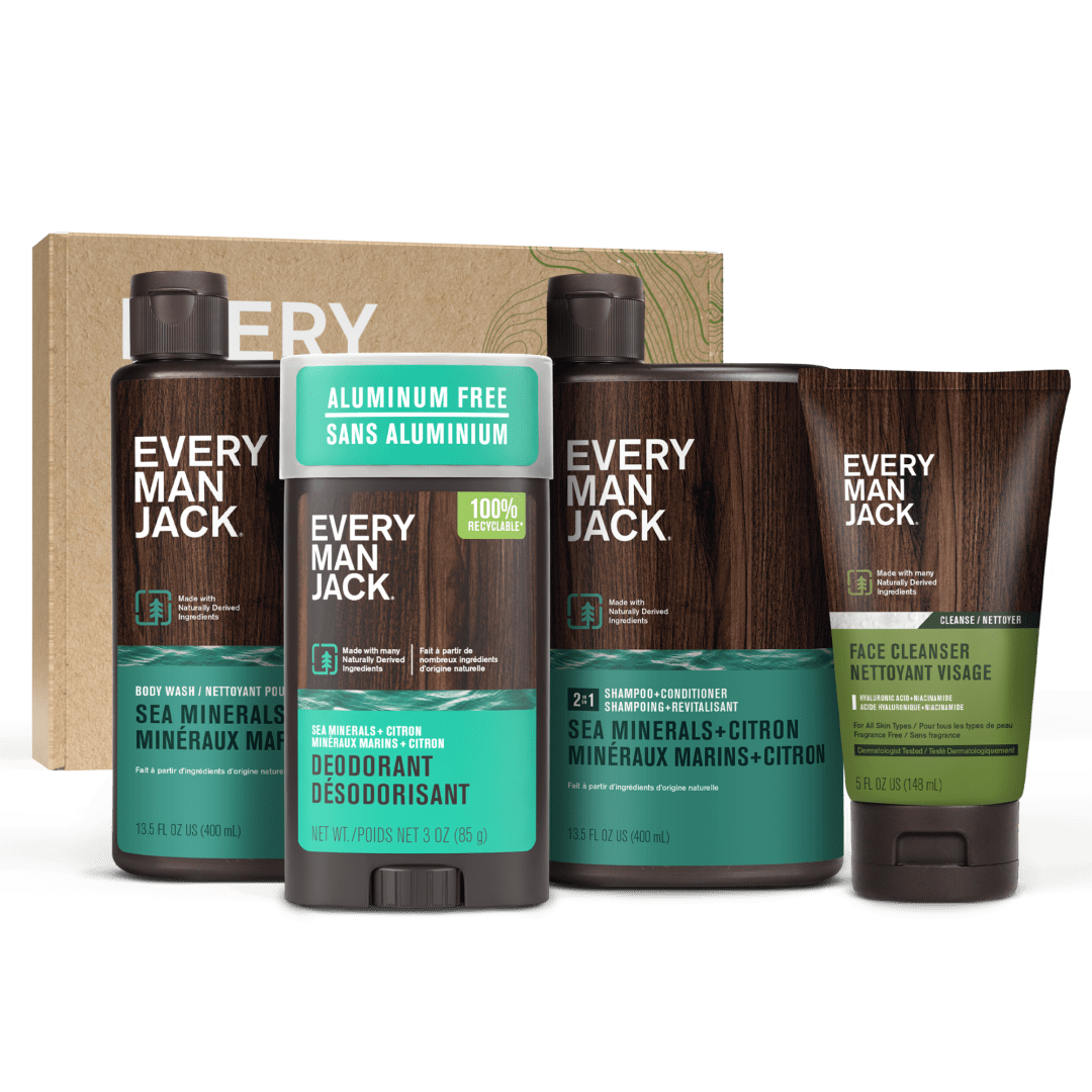 Every Man Jack Men's Bath and Body Gift Set - Sea Minerals + Citron Scent - Clean Ingredients - Includes Hydrating Body Wash, 2-in-1 Shampoo, Aluminum-free Deodorant & Face Wash