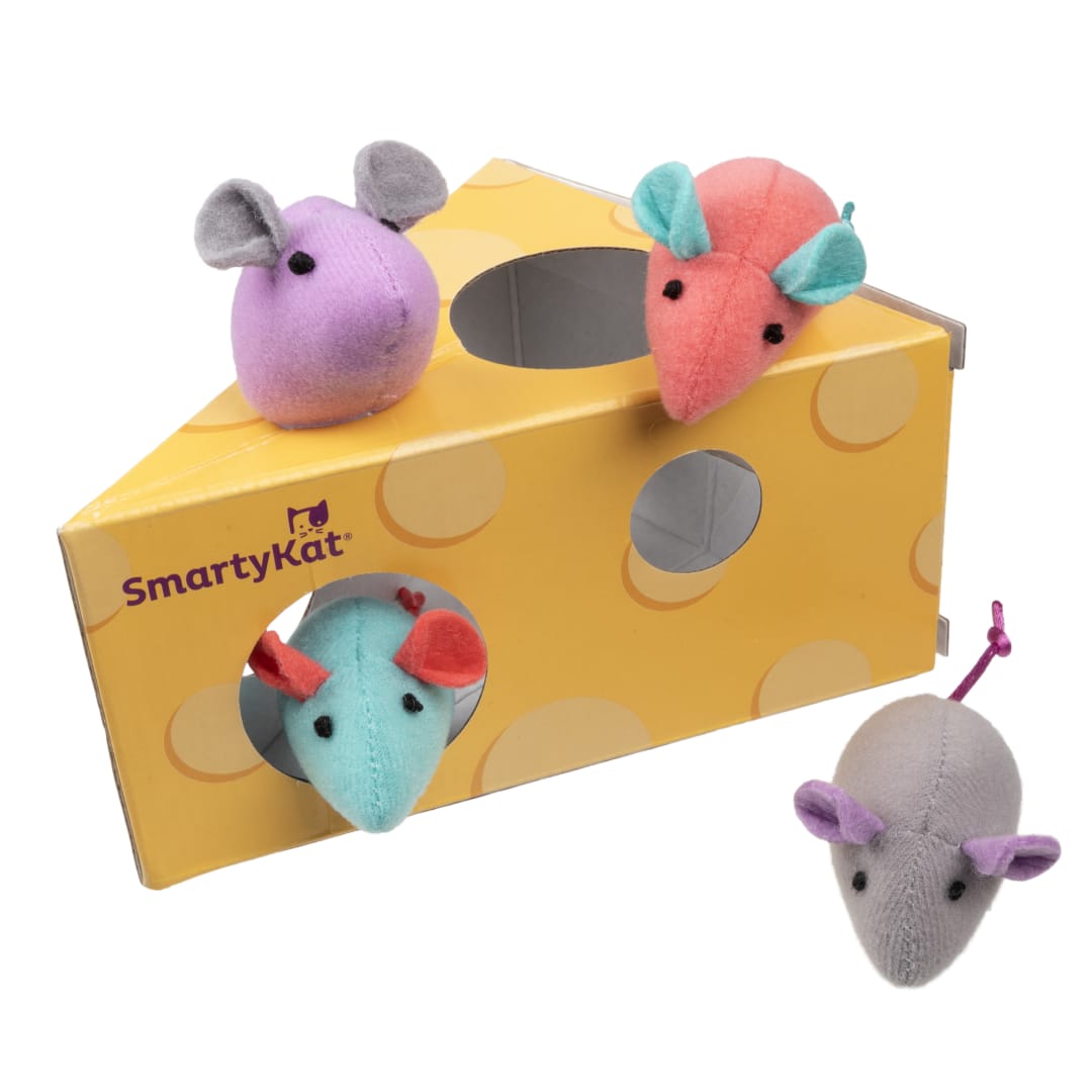 SmartyKat Skitter Wedge Catnip Mice and Cheese Wedge Puzzle Cat Toy, Set of 4 Catnip Mice with Cardboard Puzzle Box