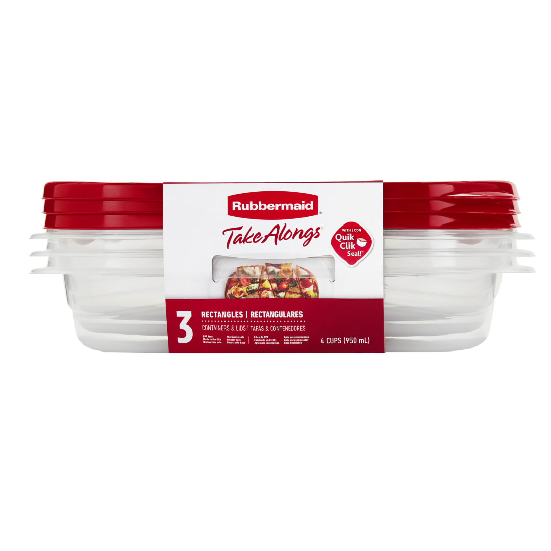 Rubbermaid TakeAlongs Rectangular Food Storage Containers, 950 mL (4 Cup), Ruby Red Lids, 3 Count