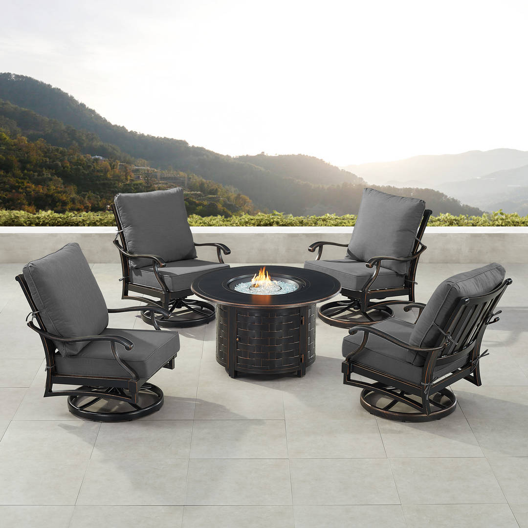 Black Aluminum Patio Fire Table Set with Four Club Chairs