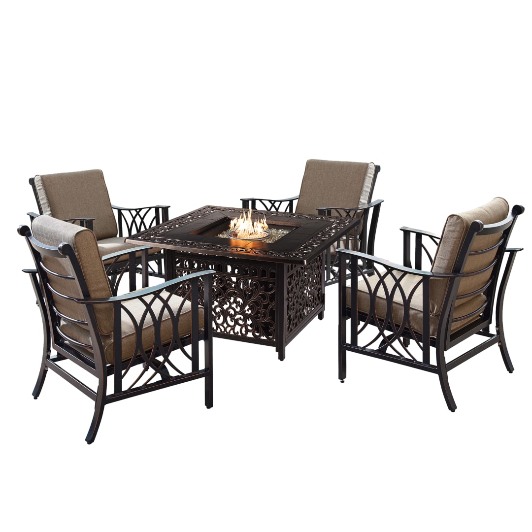 Aluminum 42-in Square Antique Copper Fire Table Set with Four Deep Seating Rocking Chairs, Fire Beads, Lid, Propane Tank Cover and Table Fabric Covers