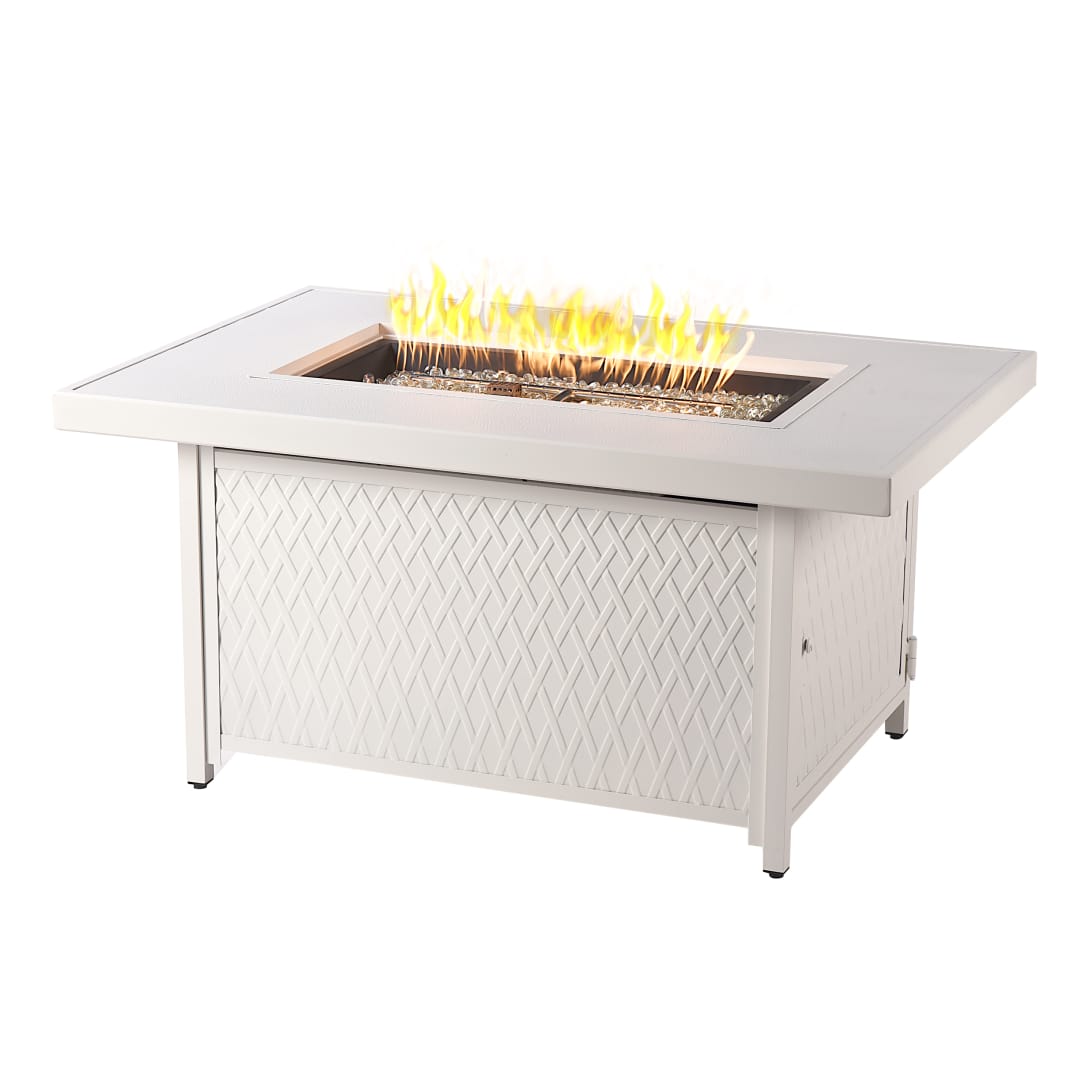 Rectangular 48 in. x 36 in. Aluminum Propane Fire Pit Table, Glass Beads, Two Covers, Lid, 55,000 BTUs in White Finish