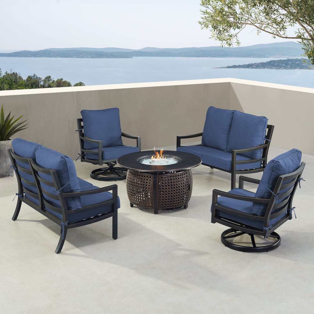 Black Aluminum Patio Fire Table Set with Two Deep Seating Loveseat with Cushions and Two Club Chairs