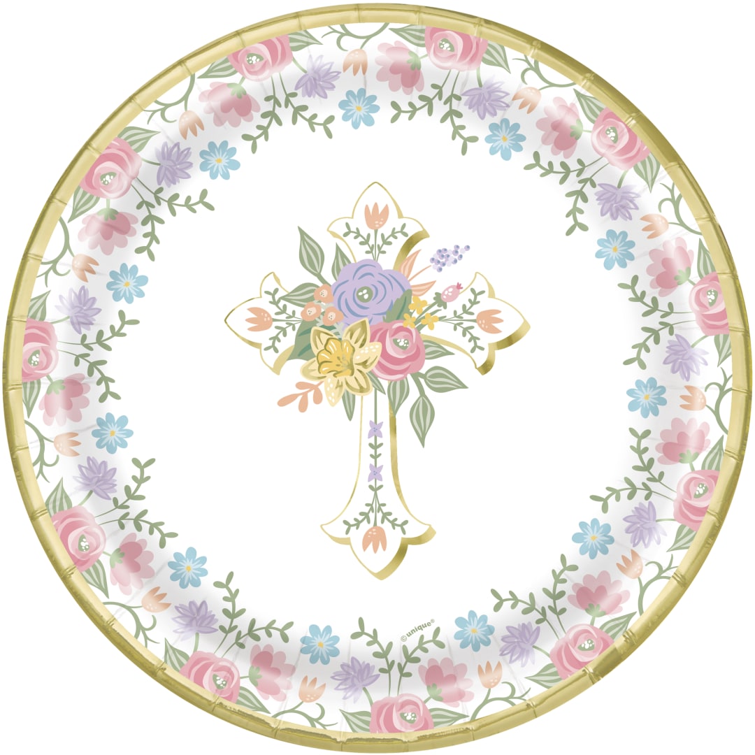 Floral Cross Easter Round 9" Dinner Plates, 8ct - Foil Stamping