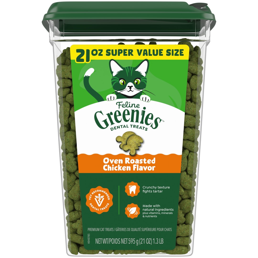 FELINE GREENIES Natural Dental Care Cat Treats Oven Roasted Chicken Flavor, 21 oz. Tub