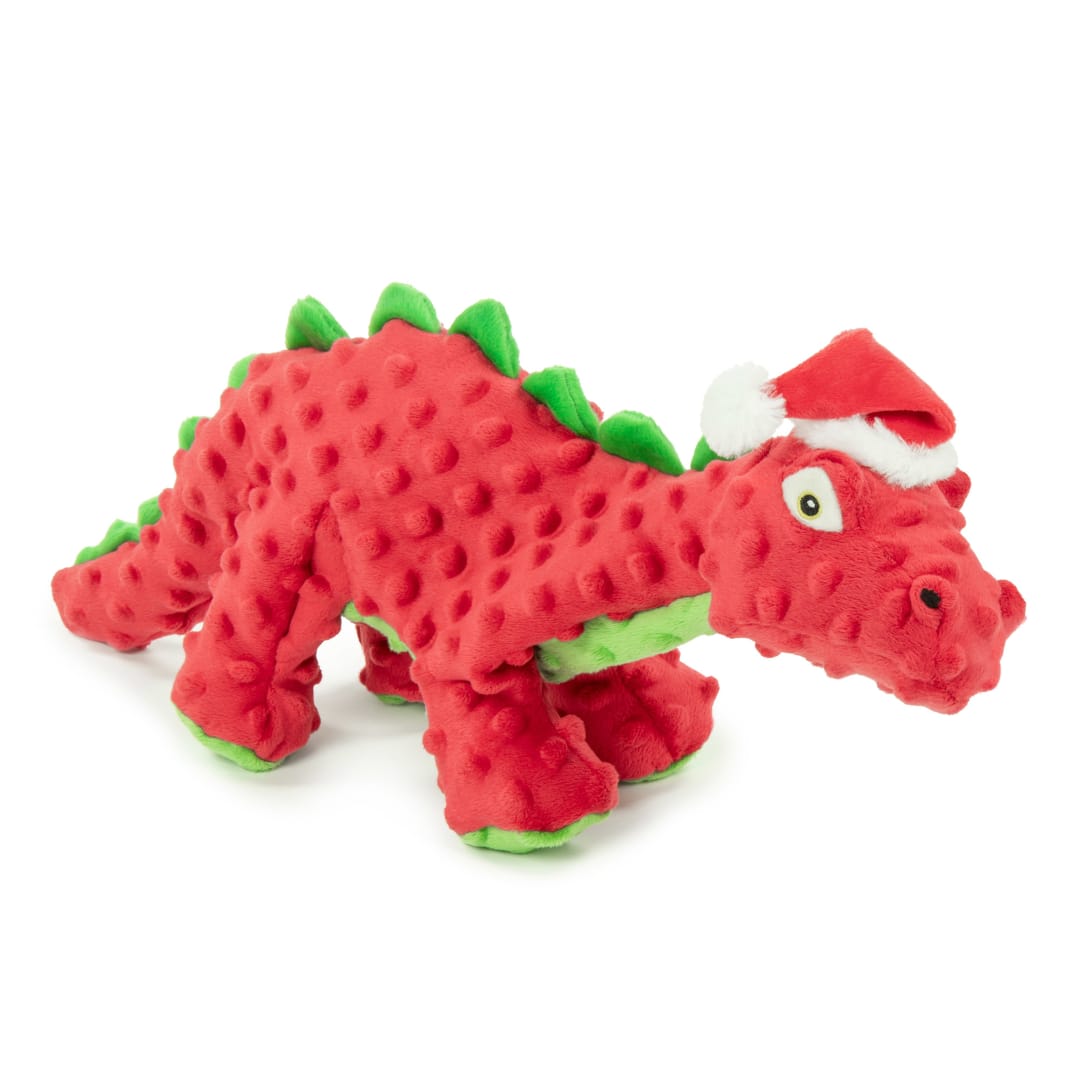 goDog Holiday Dinos Spike Squeaky Plush Dog Toy, Chew Guard Technology, Red, Large