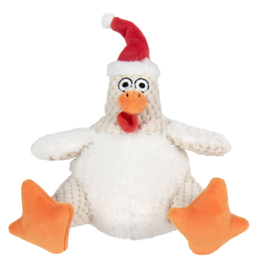goDog Holiday Collection Checkers Fat Rooster Santa Squeaky Plush Dog Toy With Chew Guard Technology, White, Small