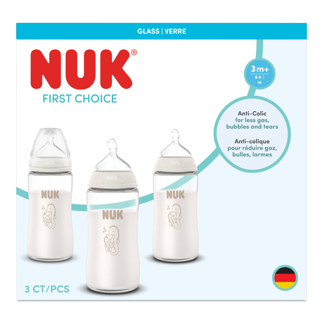 NUK First Choice Baby Bottle, 3+ Months, 240 ml, Anti Colic Feeding Bottle, Glass, Temperature Control Indicator, Seahorse, 3 Count
