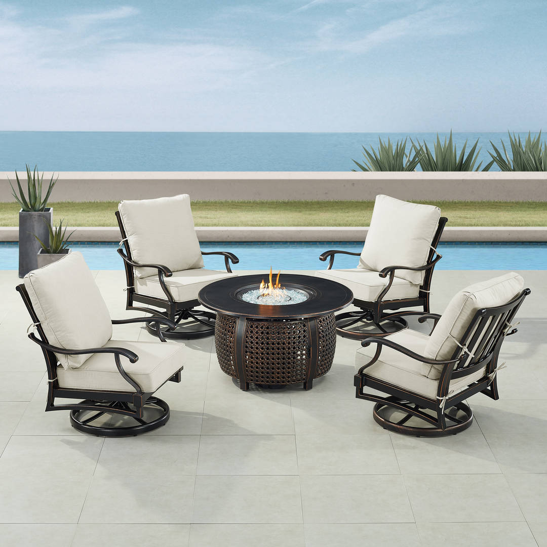 Black Aluminum Patio Fire Table Set with Four Club Chairs
