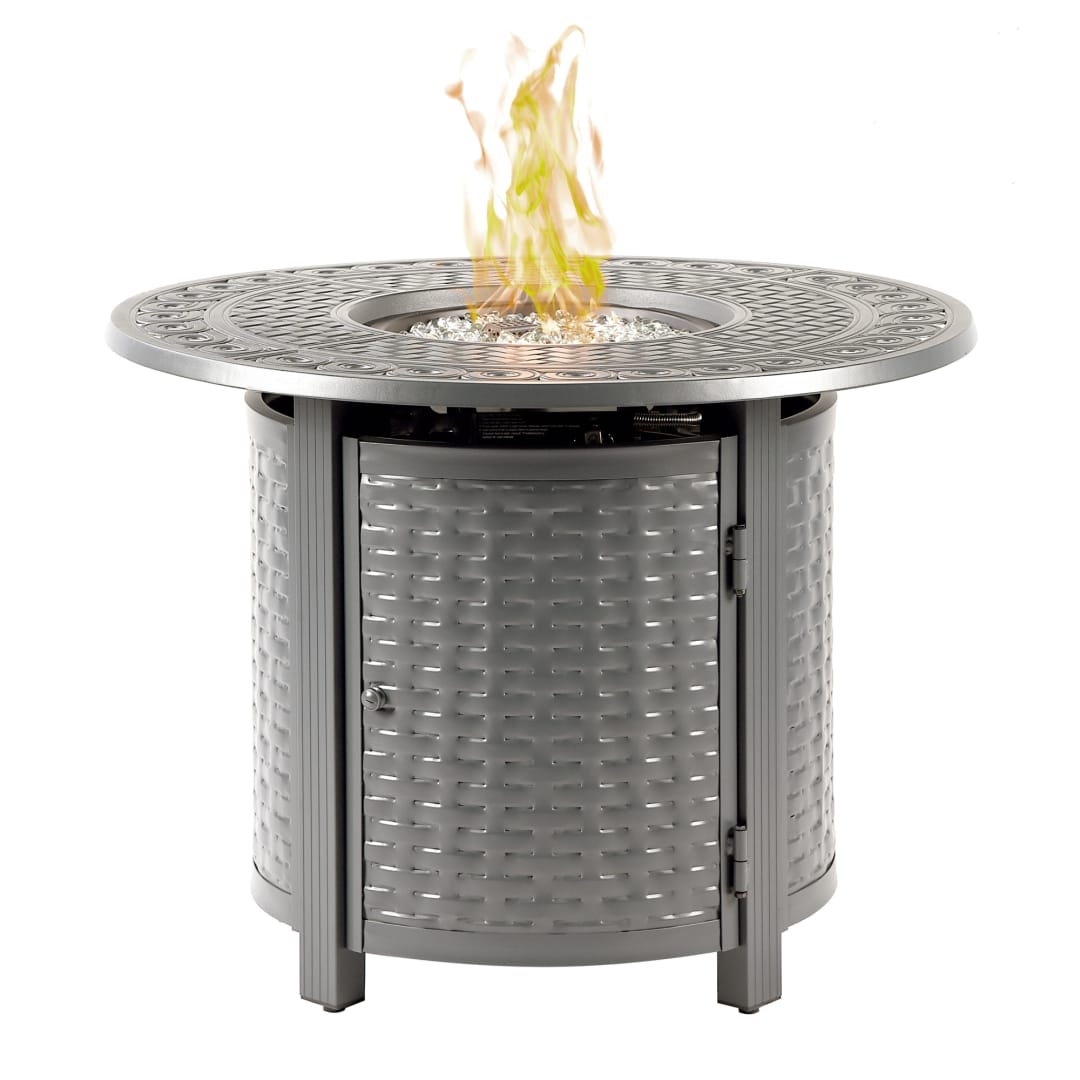 Round 34 in. x 34 in. Aluminum Propane Fire Pit Table with Glass Beads, Two Covers, Lid, 37,000 BTUs in Grey Finish