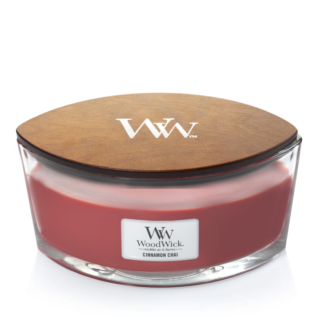 WoodWick Ellipse Vela perfumada | Canela Chai | con mecha crepitante | Tiempo de combustión: hasta 50 horas