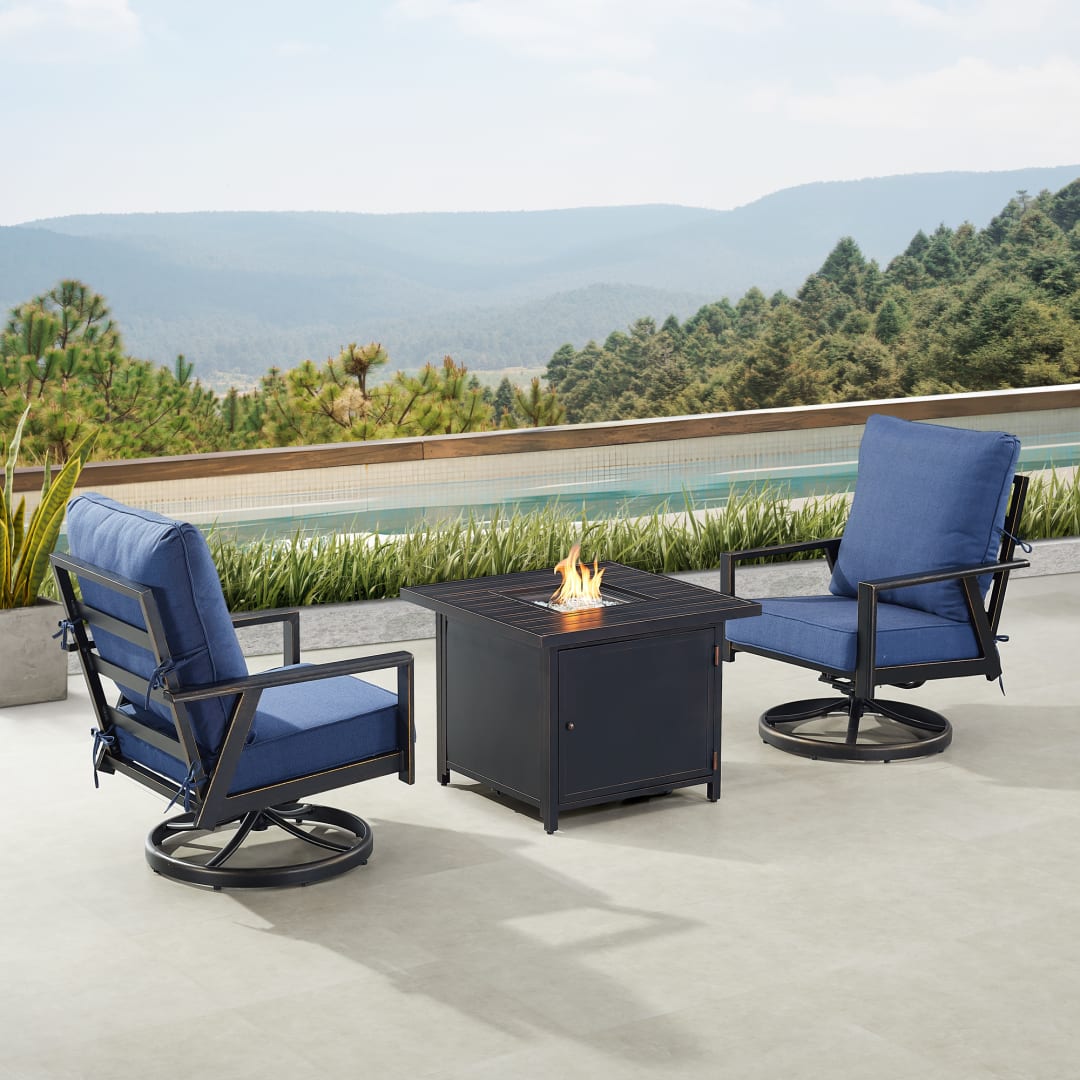 Black Aluminum Patio Fire Table Bistro Set with Two Club Chairs