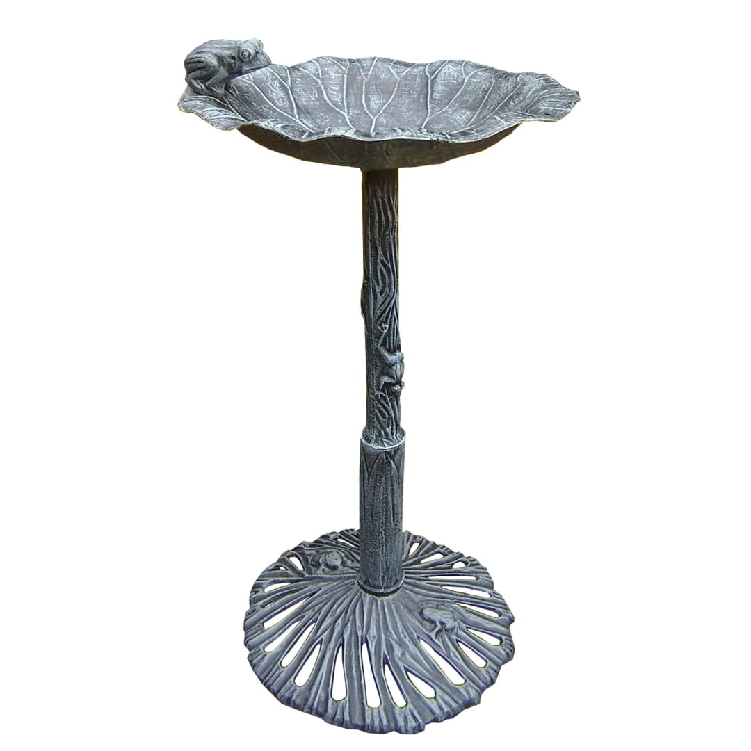 Round Cast Aluminum Metal 35-in Grey Blue Bird Bath with Frogs