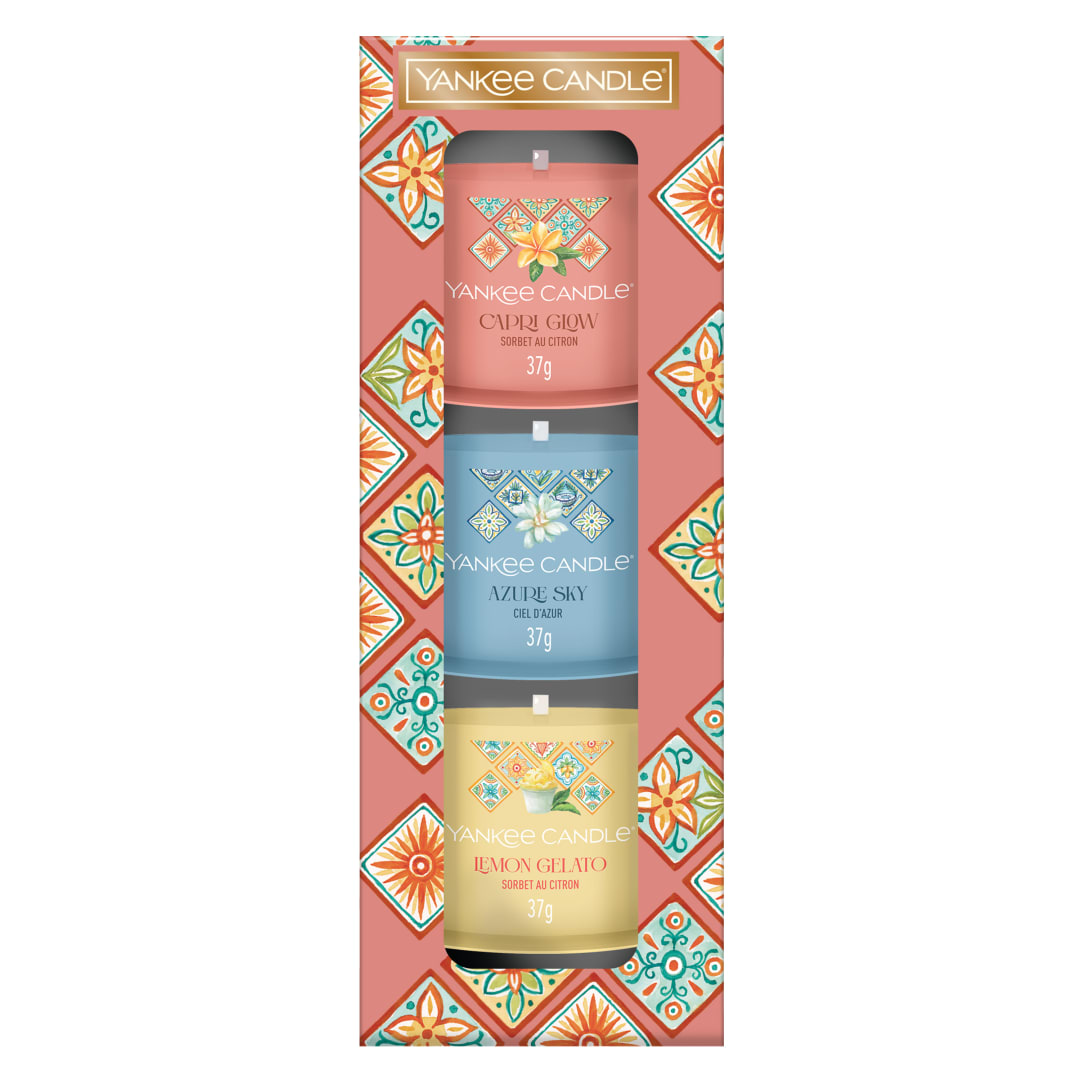 Yankee Candle Set de regalo de velas perfumadas | Mini velas votivas rellenas | Mezcla de cera de soja | Azure Sky, Capri Glow & Lemon Gelato | Regalos perfectos para mujeres | 3 unidades