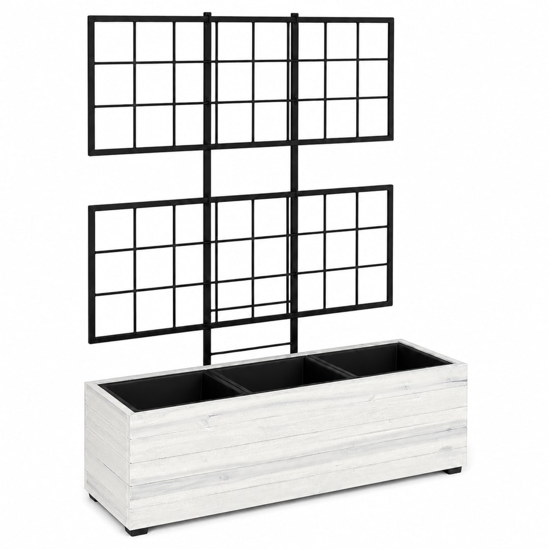 Modern Indoor/Outdoor 31.1 in. White Acacia Wood Raised Planter Box with Trellis