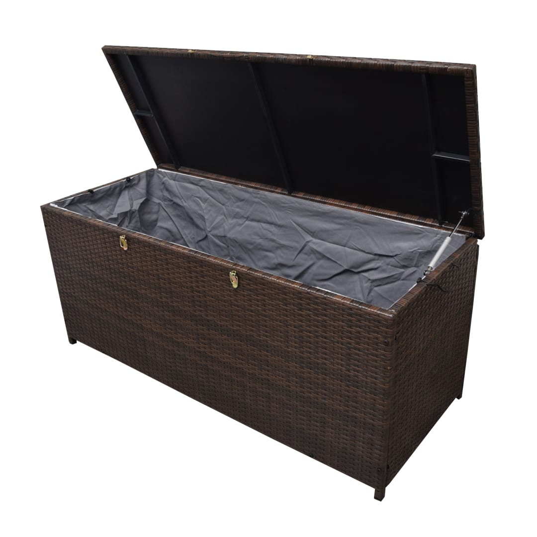 Brown Indoor and Outdoor Balcony Patio Deck Porch Pool 113 Gallon Wicker Storage Box Trunk Bin with Metal Frame