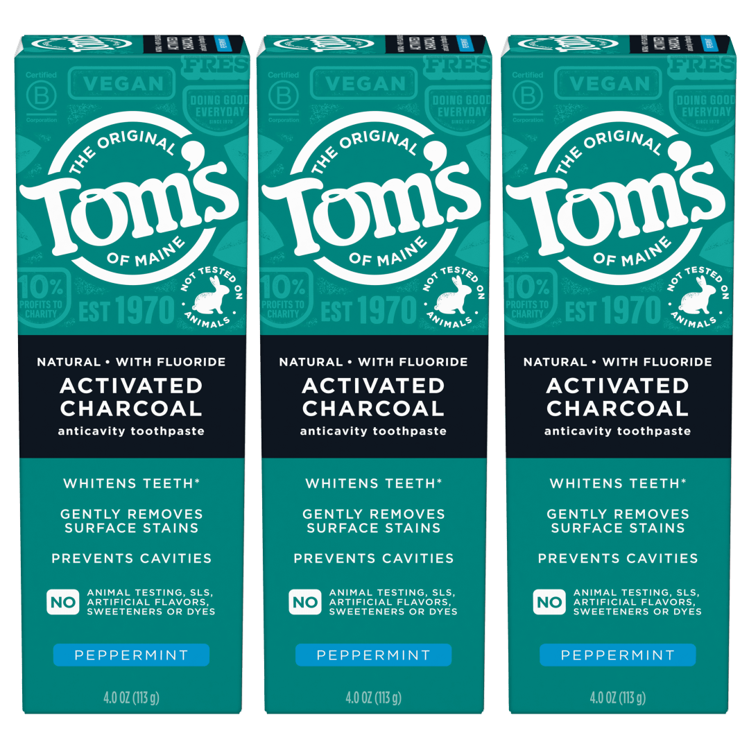 Tom's of Maine Activated Charcoal Whitening Toothpaste with Fluoride, Peppermint, 4.7 oz. 3-Pack