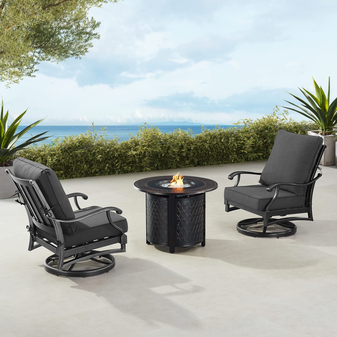 Black Aluminum Patio Fire Table Bistro Set with Two Club Chairs