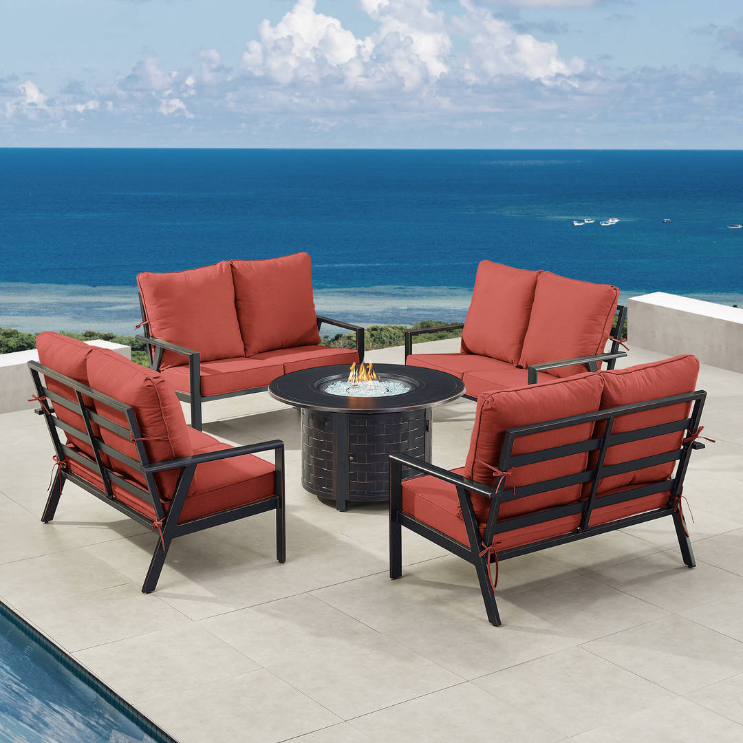 Black Aluminum Patio Fire Table Set with Four Deep Seating Loveseats with Cushions