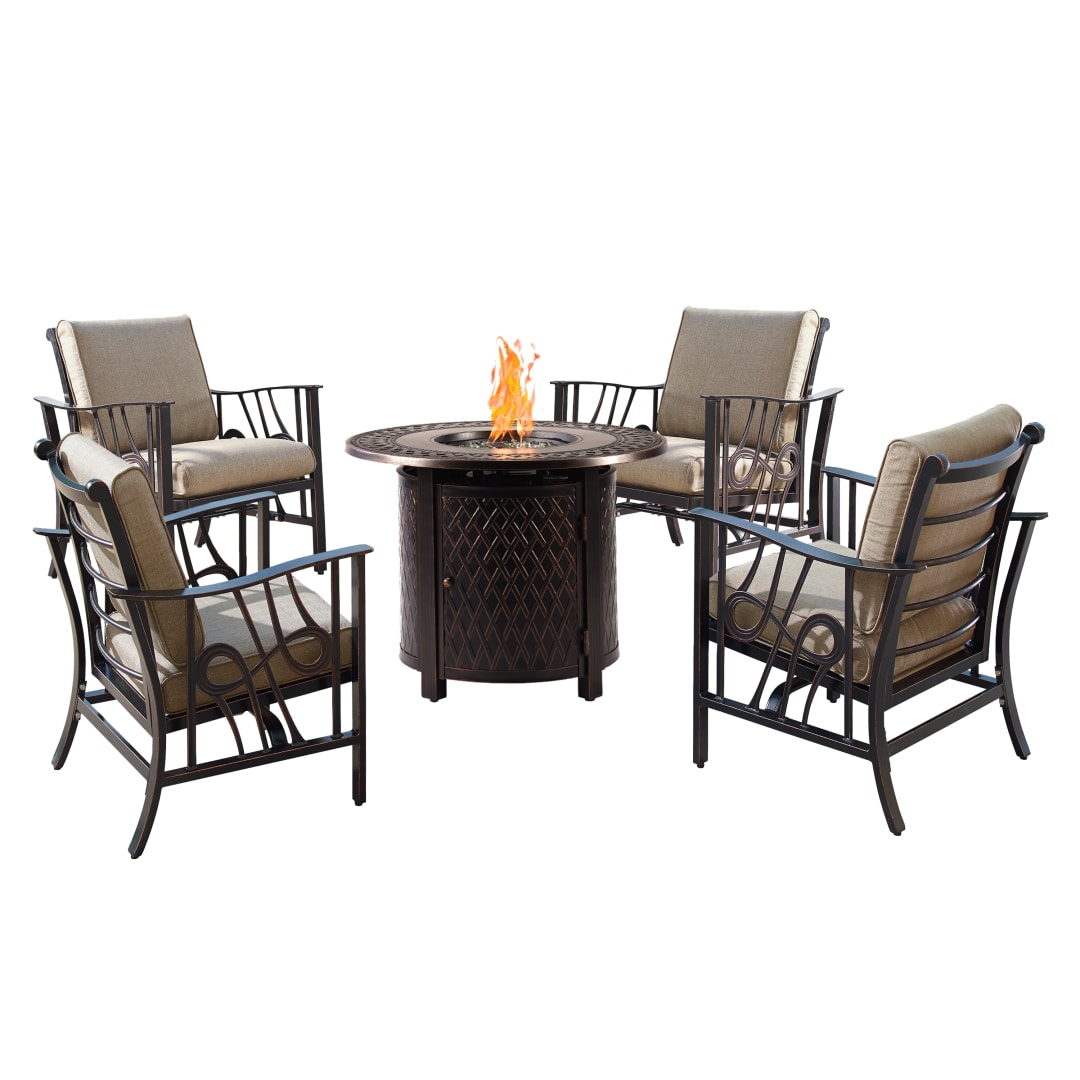 Aluminum 34-in Round Antique Copper Fire Table Set with Four Deep Seating Rocking Chairs, Fire Beads, Lid, Propane Tank Cover and Table Fabric Covers