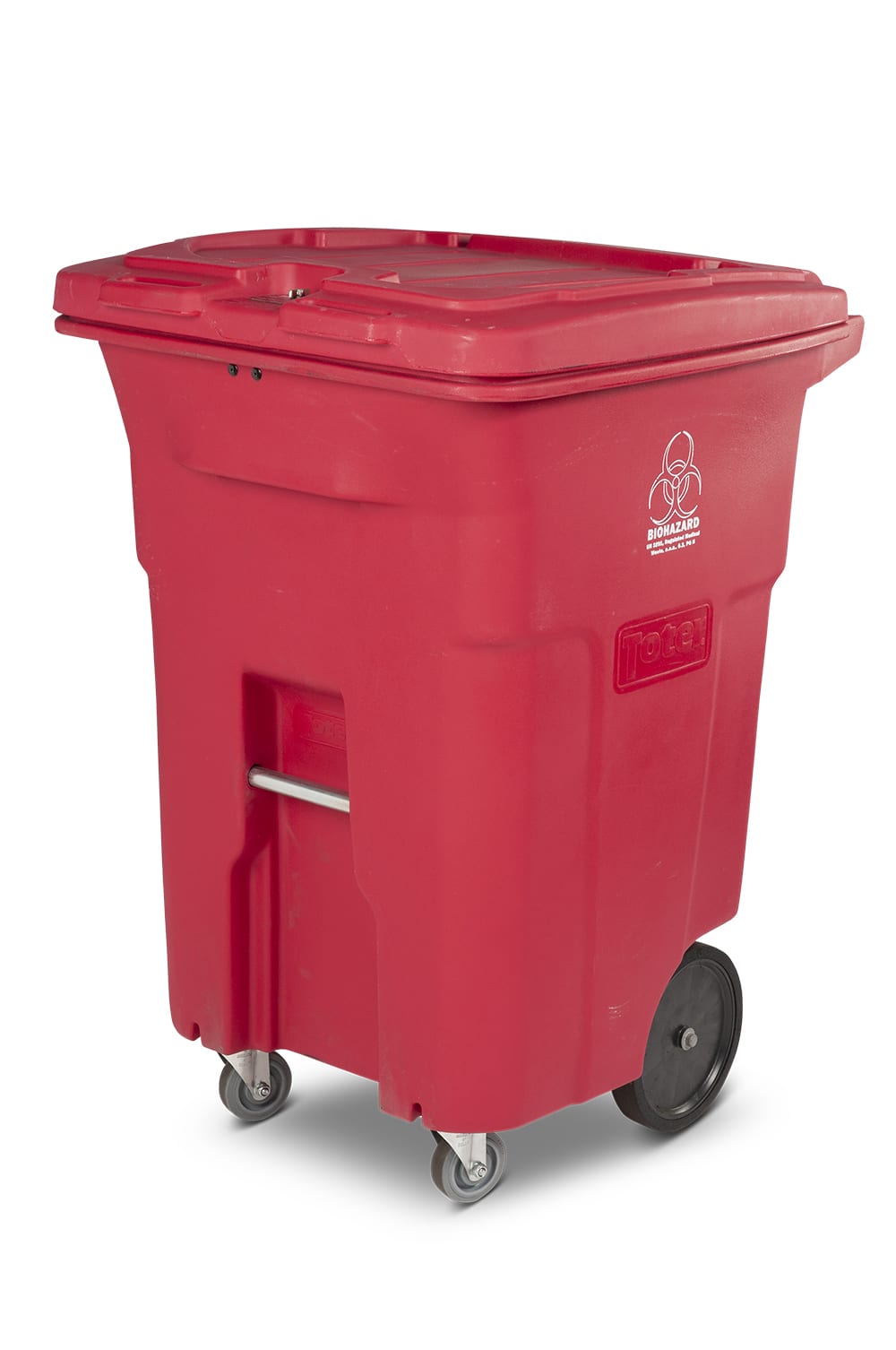 96 Gal. Red Hazardous Waste Trash Can with Wheels and Lid Lock (2 Caster Wheels 2 Stationary Wheels)