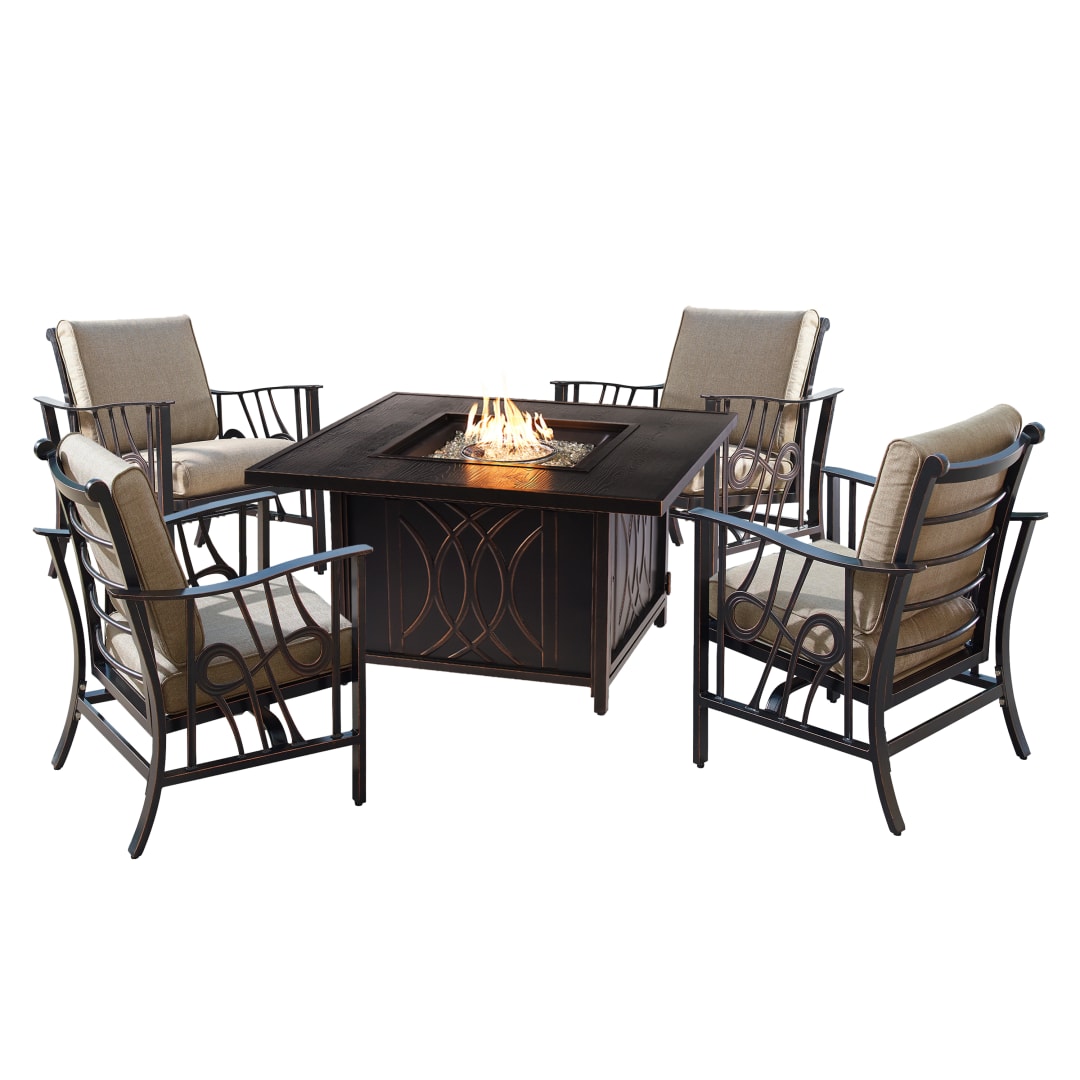 Aluminum 42-in Square Antique Copper Fire Table Set with Four Deep Seating Rocking Chairs, Fire Beads, Lid, Propane Tank Cover and Table Fabric Covers