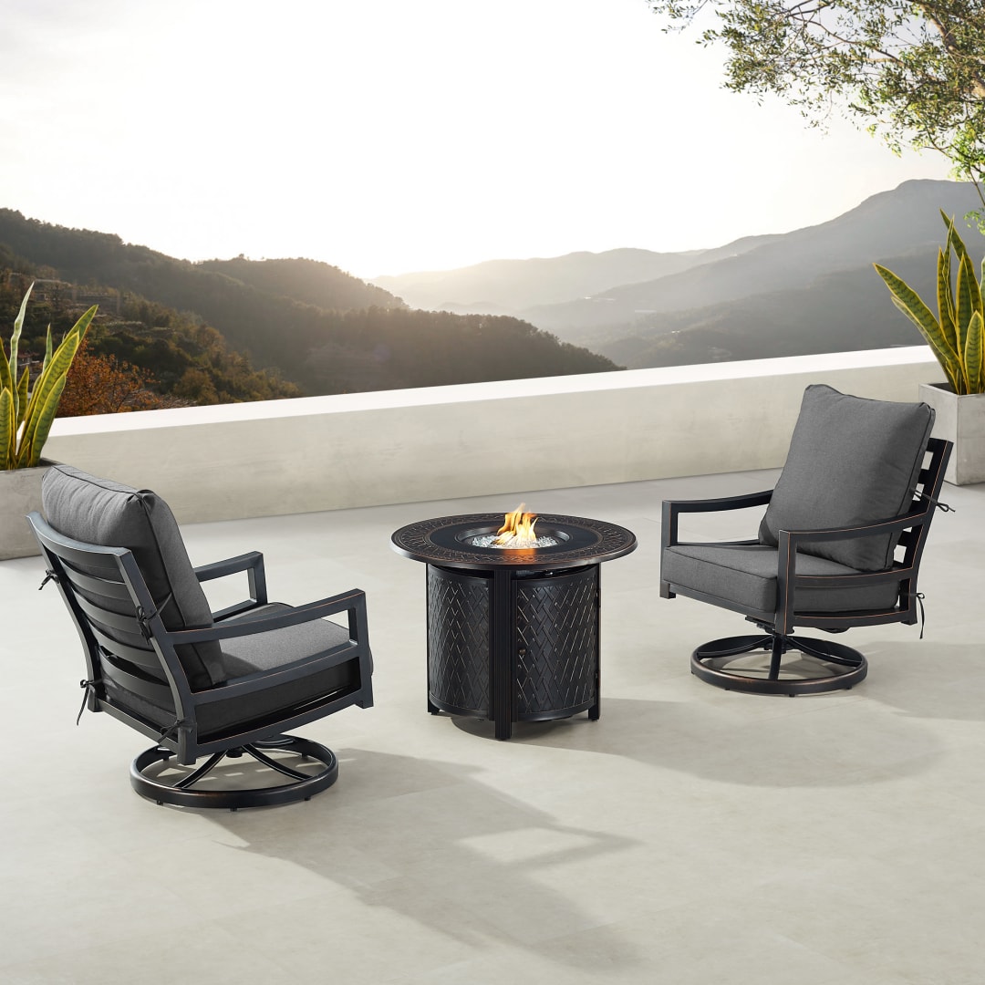 Black Aluminum Patio Fire Table Bistro Set with Two Club Chairs