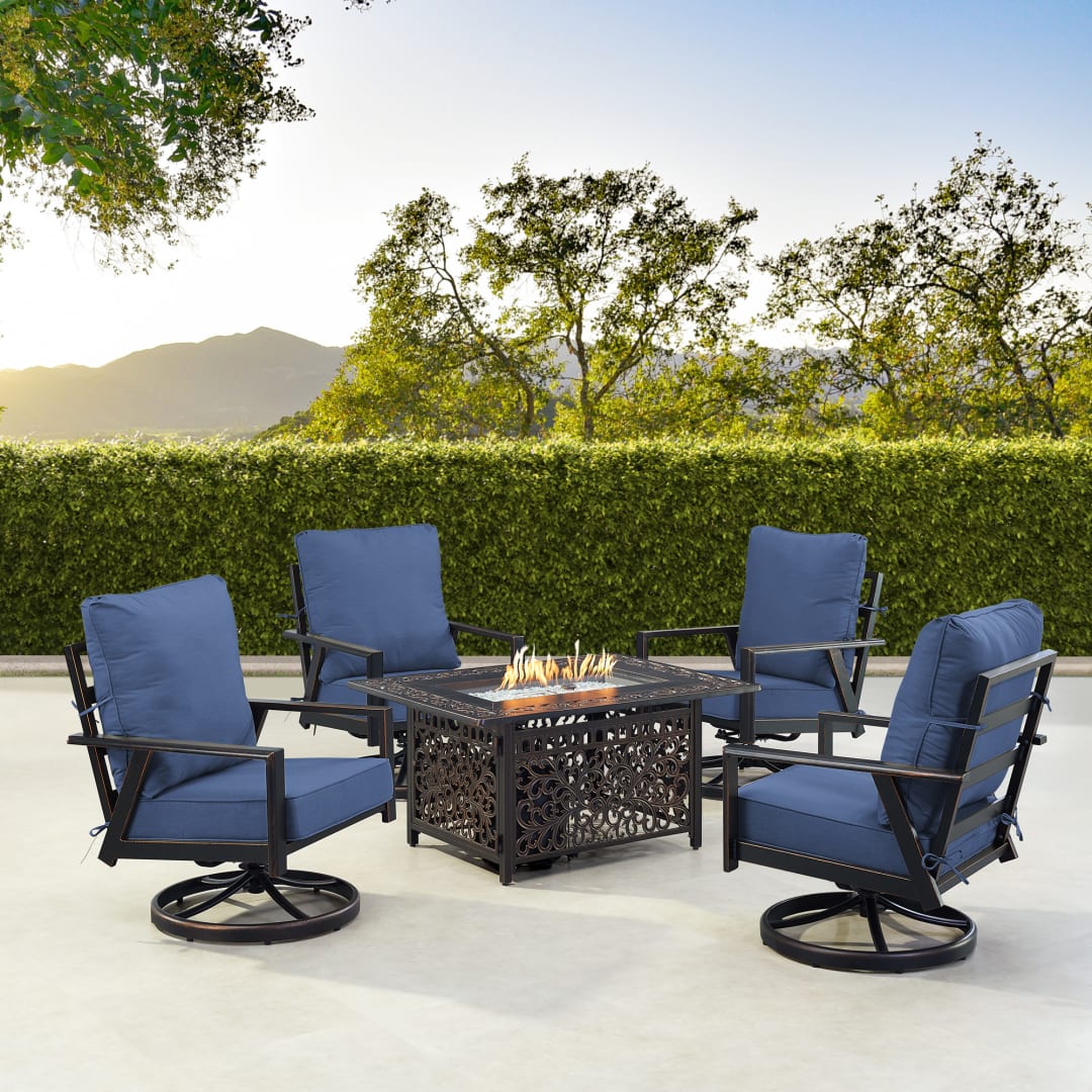 Black Aluminum Patio Fire Table Set with Four Club Chairs