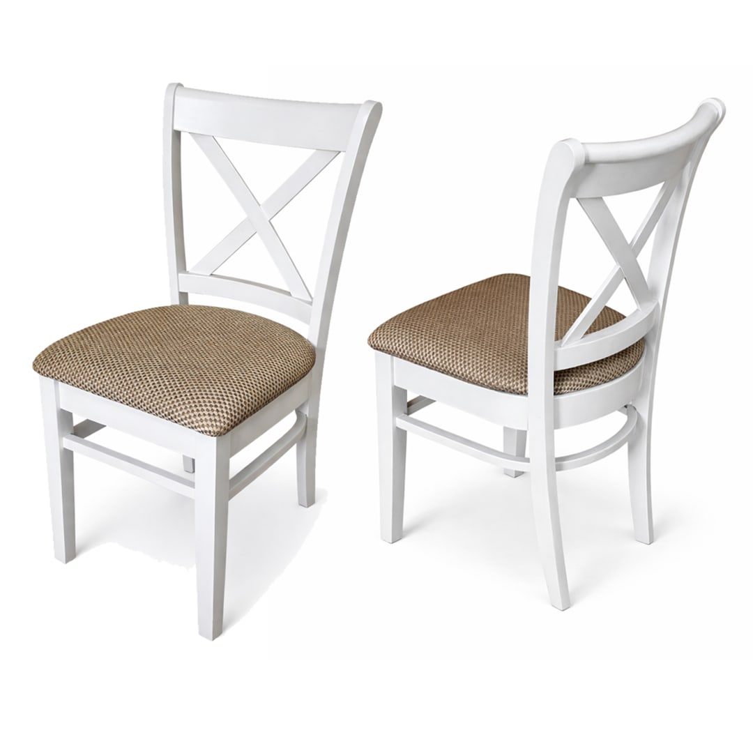 Traditional Dining Chairs, Set of 2, White Finish with Brown Polyester Upholstered Seats Solid Rubberwood
