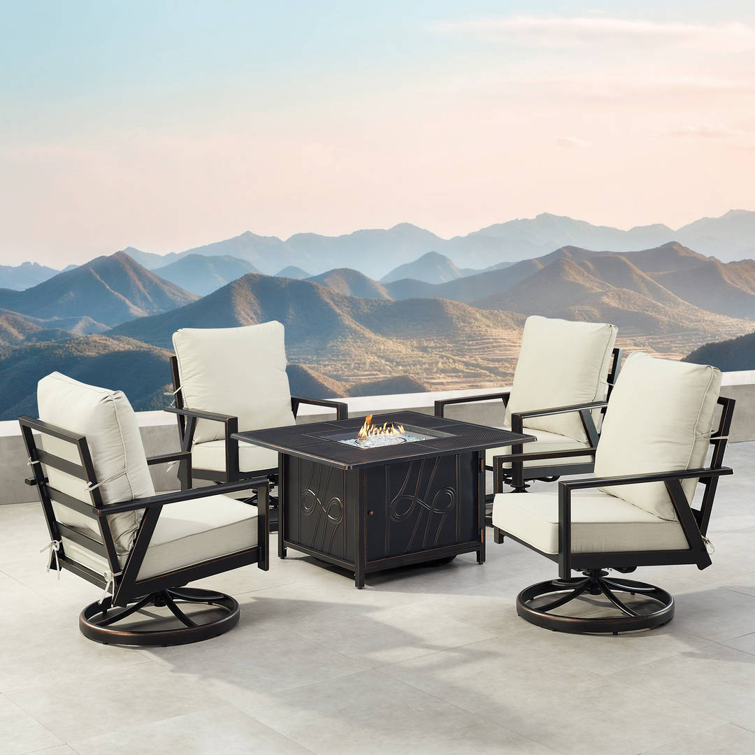 Black Aluminum Patio Fire Table Set with Four Club Chairs