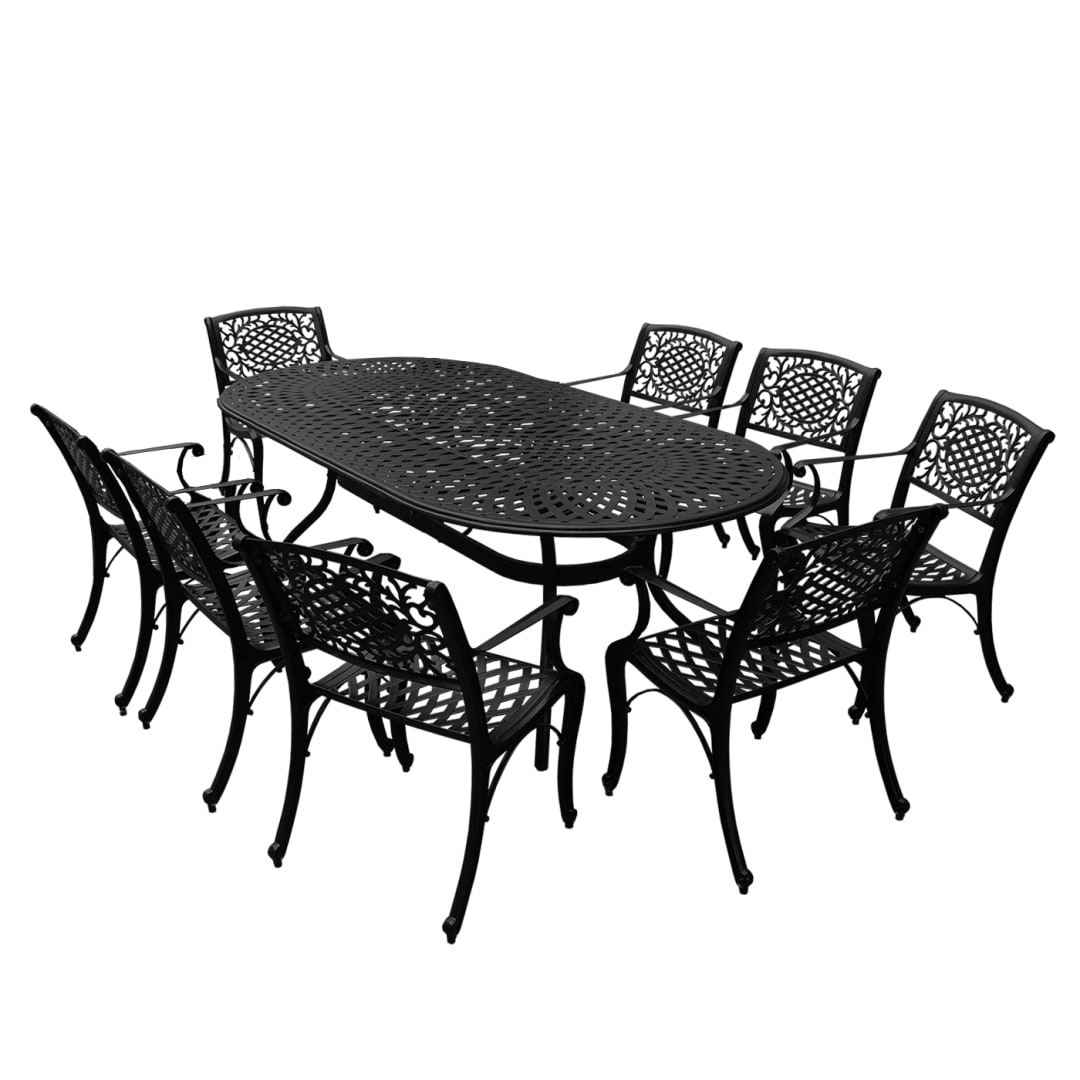 Modern Outdoor Mesh Lattice Aluminum 95-in Large Black Oval Patio Dining Set with Eight Arm Chairs