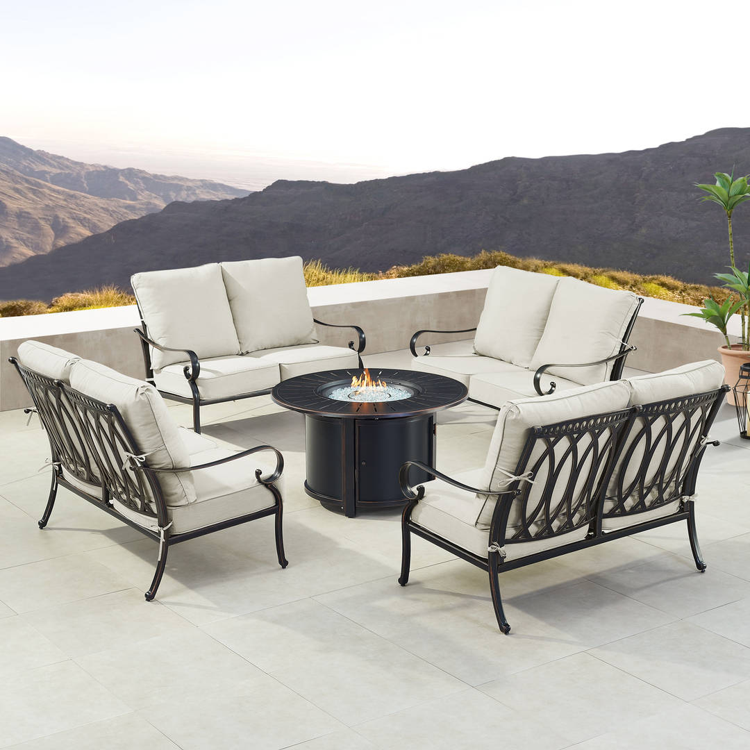 Black Aluminum Patio Fire Table Set with Four Deep Seating Loveseat with Cushions